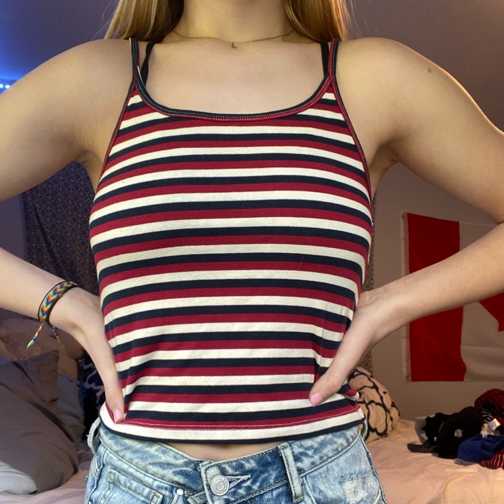 black, white, and red striped tank top